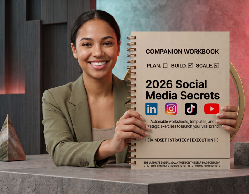 Creator holding the printable 2026 Social Media Secrets Companion Workbook